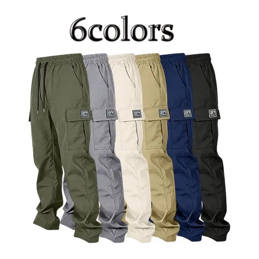 Men’s solid color tactical cargo pants — durable outdoor training pants with sport pockets; suitable for all seasons; casual streetwear pants.