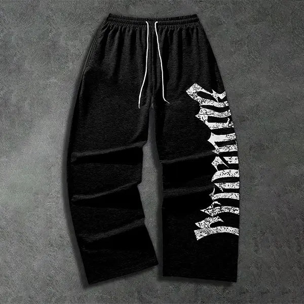 Men’s Gothic Graphic Print Wide-Leg Activewear Pants - Distressed Vintage Drawstring Athletic Fabric Sweatpants, Trendy Street-Style Sportswear Casual Long Pants