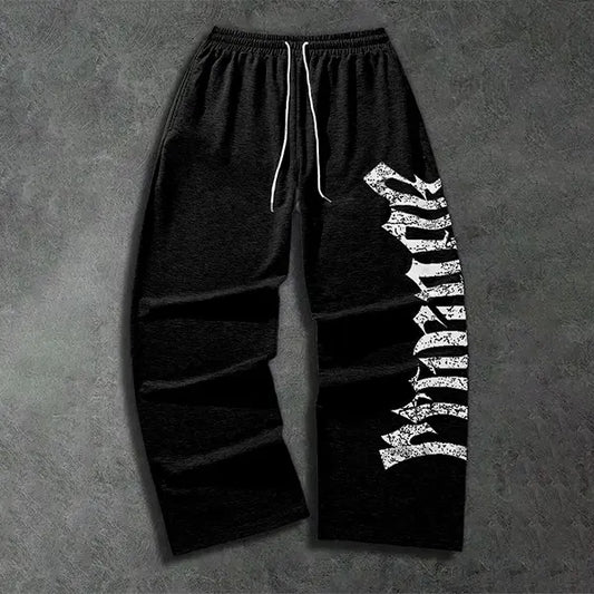 Men’s Gothic Graphic Print Wide-Leg Activewear Pants - Distressed Vintage Drawstring Athletic Fabric Sweatpants, Trendy Street-Style Sportswear Casual Long Pants