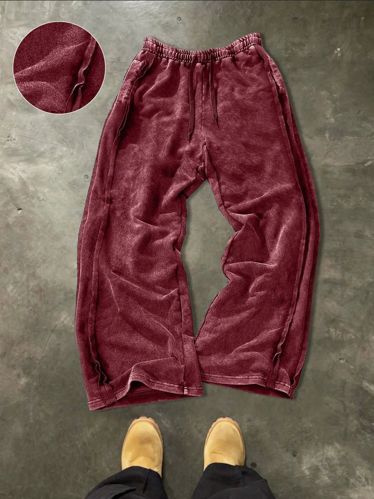 Men's Washed Vintage Hem Side Drawstring Oversized Baggy Wide Leg Sweatpants, American Retro Flowy Loose Fit Straight Leg Long Pants, Relaxed Pants, Trouser, Street Pants