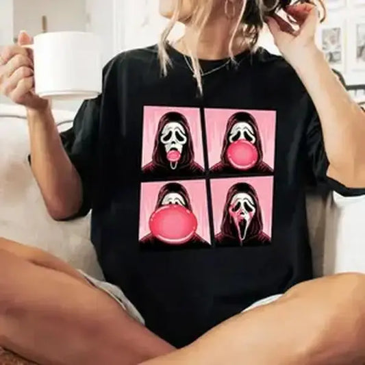 Cotton Bubble Pink Gum Halloween Mask Graphic T‑Shirt, Unisex Vintage Casual Urban Tops for Men Women, Suitable for Country Concert & Summerween, Nice Golf‑Style Holiday Gift