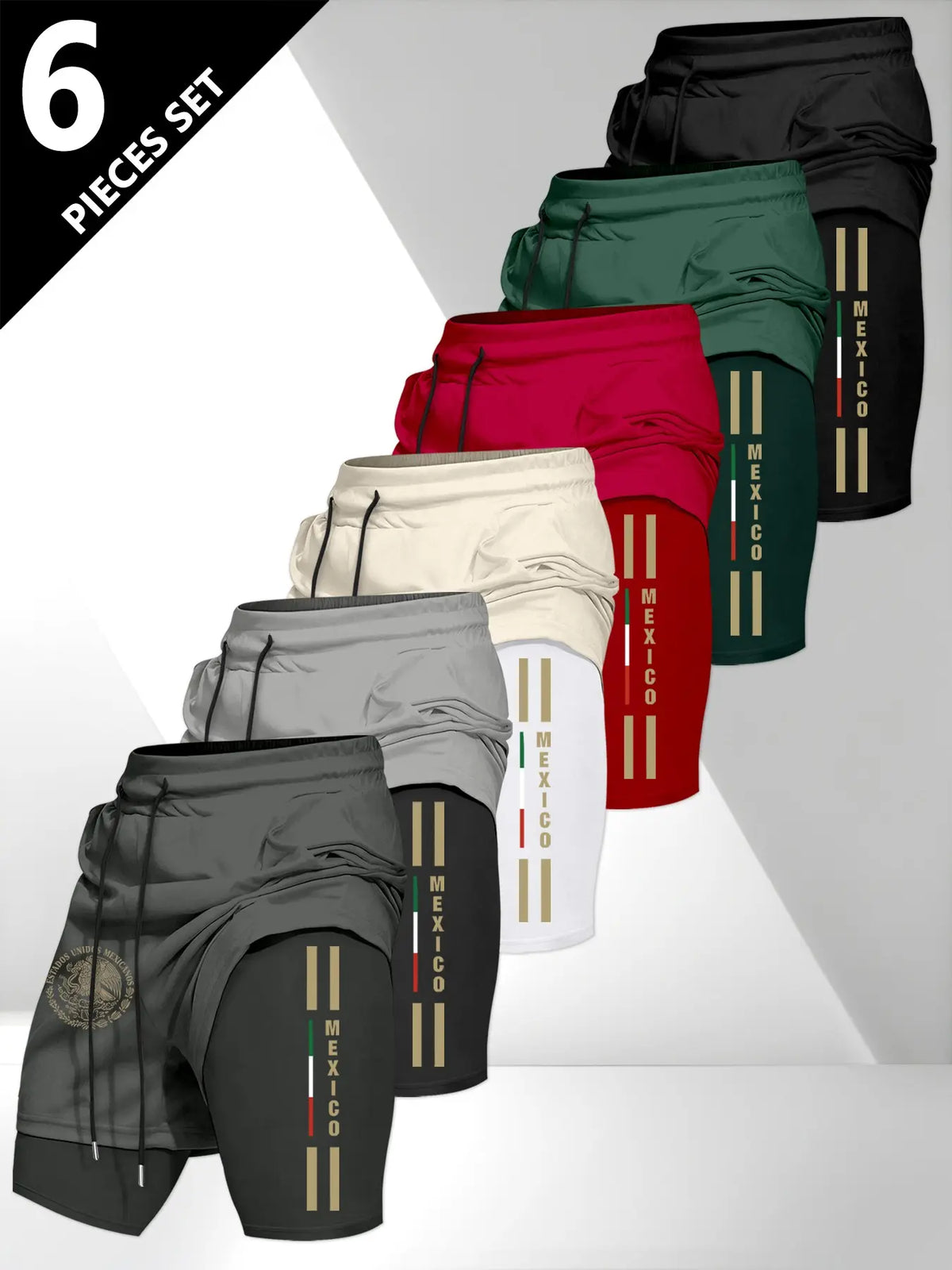 Men's Drawstring Pocket Waistband Daily, Sports Drawstring Shorts, Mexican Emblem Print, Comfortable Breathable Fabric, Durable Material, Perfect Gift