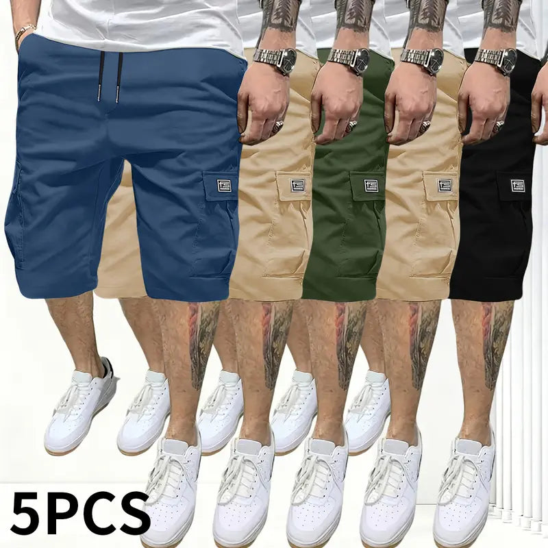 Men’s 5-Piece Extra Baggy Cargo Shorts Set - Men's Bottoms Activewear, Adjustable Drawstring Mid-Waist, Casual Chic Woven, Multi-Pocket, 4-Way Stretch, Cold Wash, Straight Cut, Summer Loose Jorts, Ideal for Camping, Father's Day Gifts, Extra Baggy Men's S
