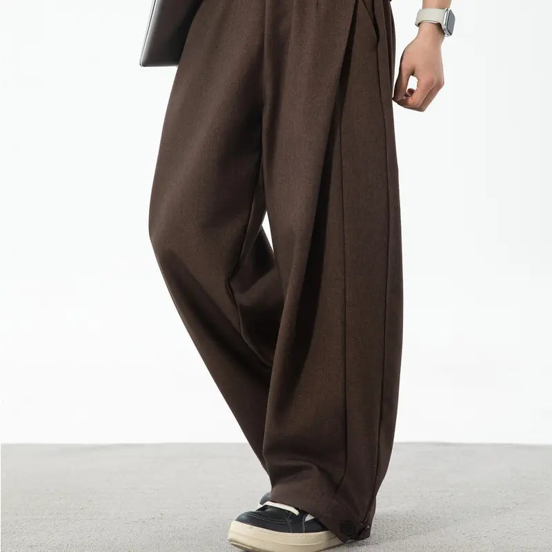 Men's High-Rise Comfy Long Pants - Baggy Wide-Leg, Pleated, Plain, Below the Ankle, Machine-Washable Retro Streetwear Menswear Trousers