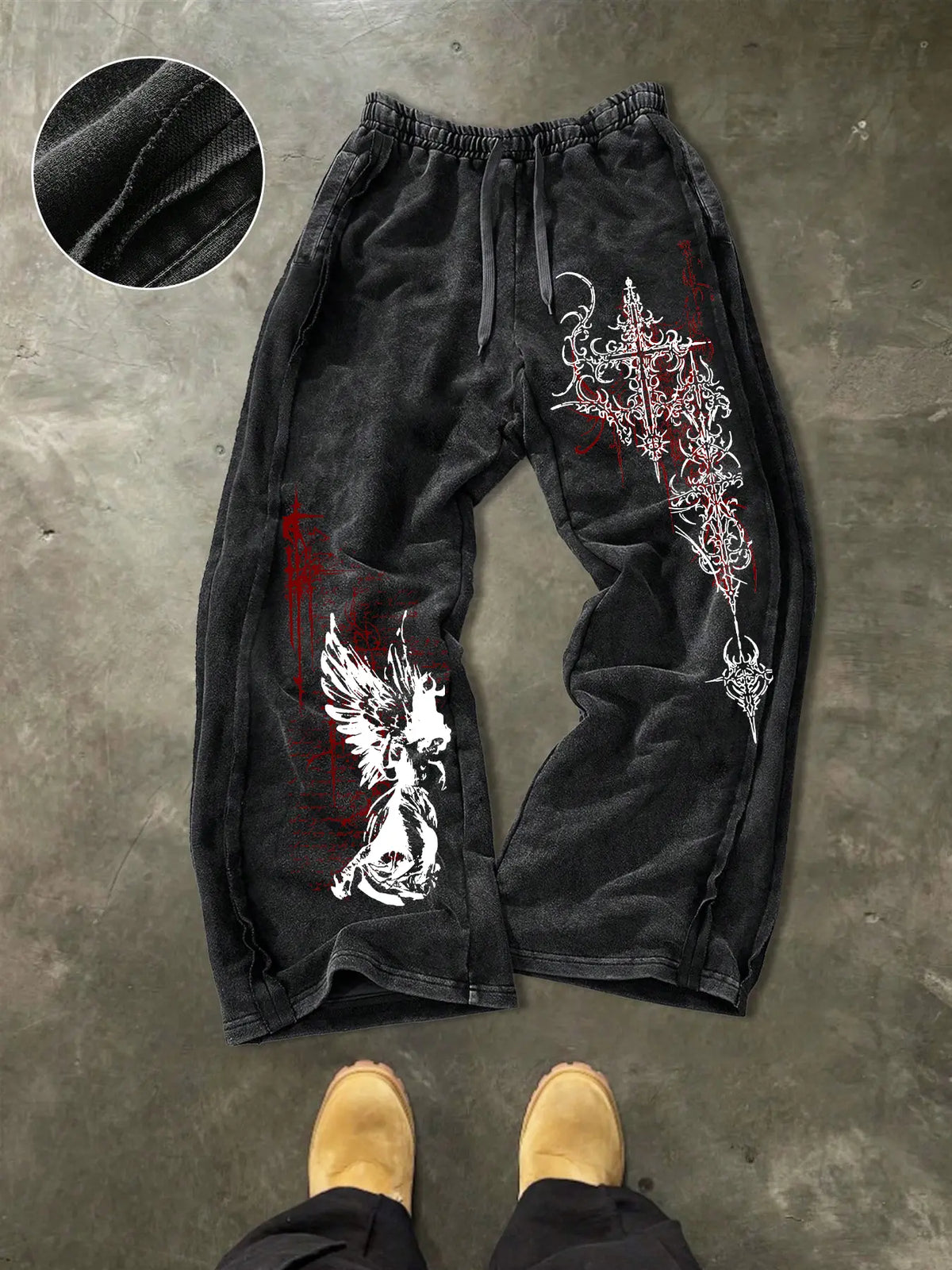 Men's Washed Cotton Sweatpants with Gothic Print, Contrast Side Stitching Detail, Comfortable Casual Pants for Daily Wear & Lounging