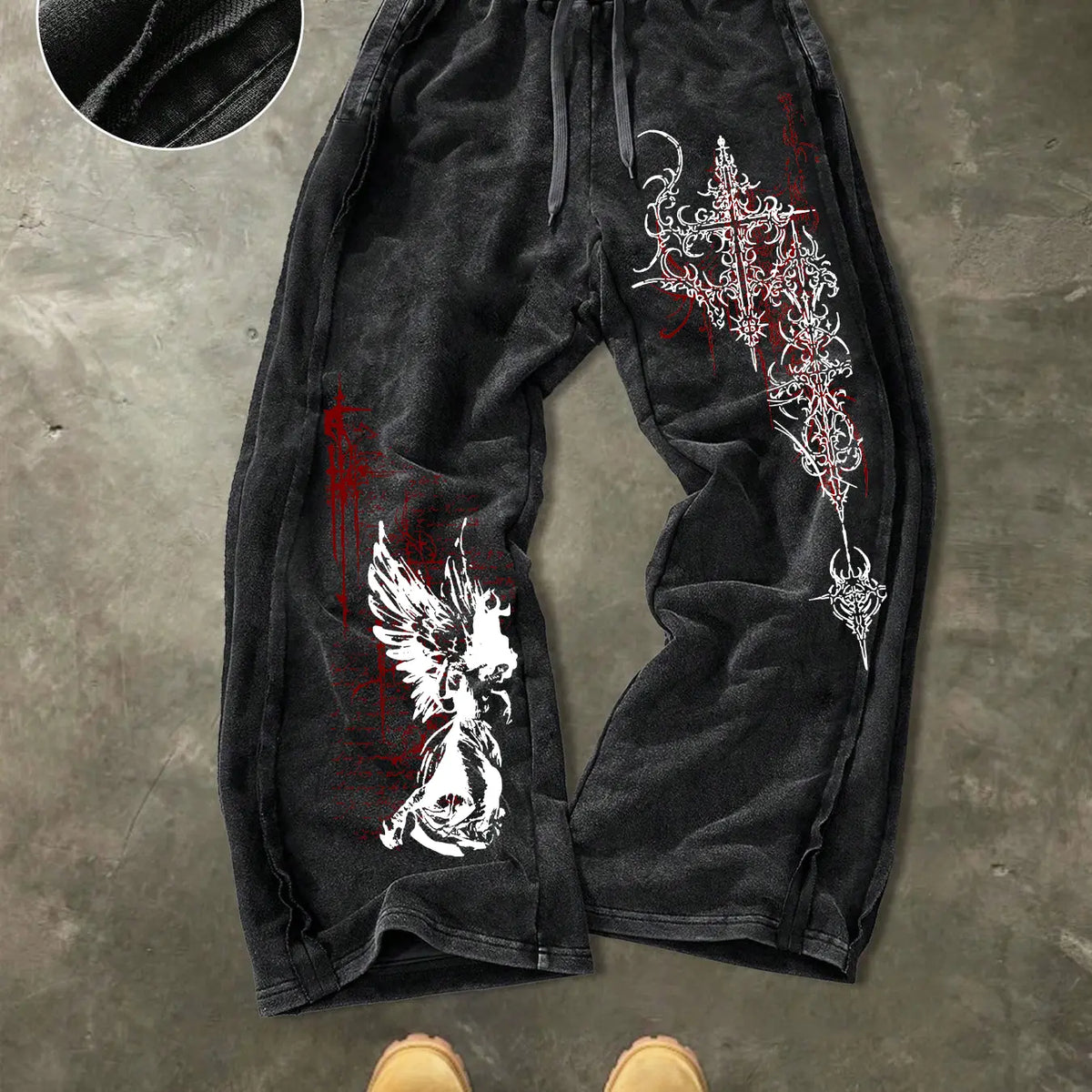 Men's Washed Cotton Sweatpants with Gothic Print, Contrast Side Stitching Detail, Comfortable Casual Pants for Daily Wear & Lounging