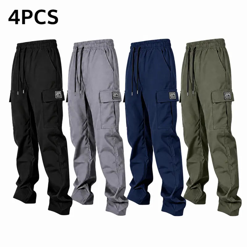 Men’s solid color tactical cargo pants — durable outdoor training pants with sport pockets; suitable for all seasons; casual streetwear pants.