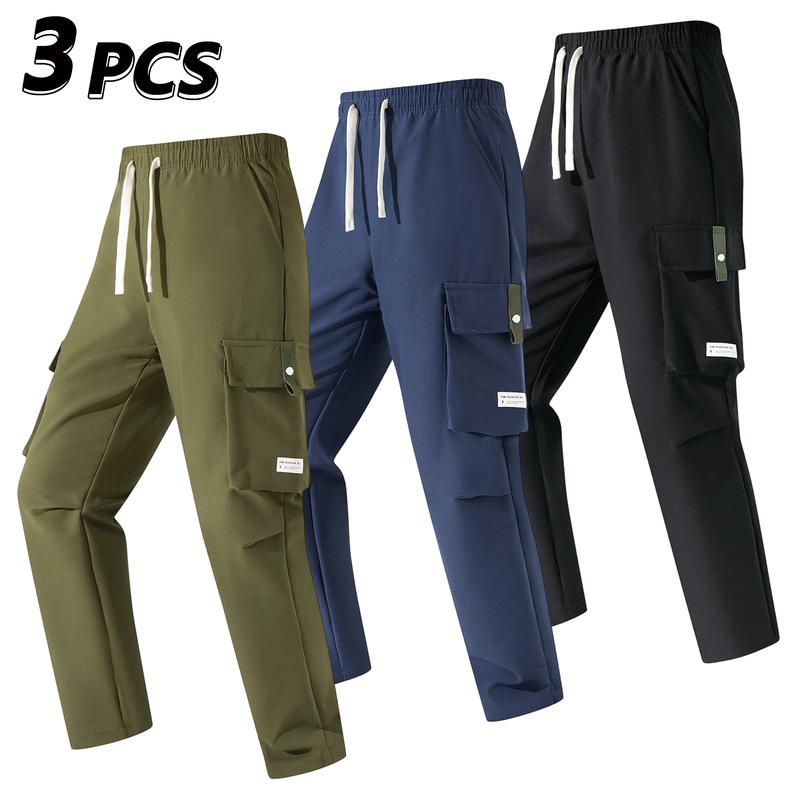 Men’s Cargo Pants - Menswear, Plain Basic Minimalist Polyester, Drawstring Elastic Waistband, Multiple Pockets, Versatile for Spring Autumn Everyday Casual Back-to-School Wear