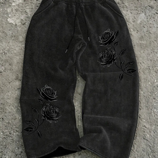 Men's Y2K Gothic Rose Print Long Pants, Casual Wide Leg Pants, All Seasons Wear, Casual Trouser