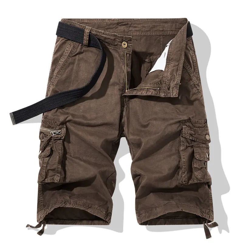 Men's Fashion Mid-Waist Cotton Basic Belted Cargo Shorts - Regular Fit, Multifunctional Pockets, Straight Design, Outdoor Ready, for Casual Wear