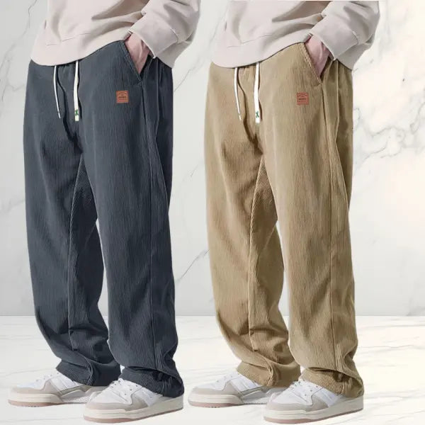 Men's 2-Pack Chic Cozy Long Cord Basics Pants - Men's Wear, Polyester Fabric, Washed Look, Loose Baggy Wide-Leg, Adjustable Drawstring, Pocketed for Autumn Winter Casual Wear