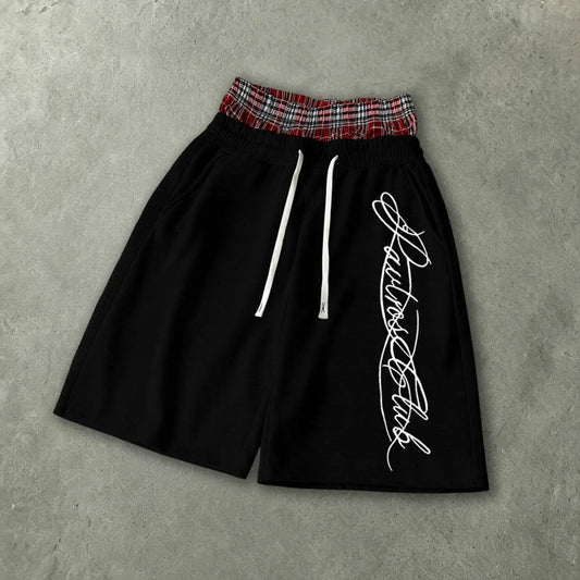 Men’s Oversized Baggy Knee Length Sweat Shorts Soft Breathable Terry Fabric Dual Layer Tartan Plaid Patchwork Waistband Elastic White Drawstring Casual Streetwear Shorts Elegant Cursive Script Signature White Letter Print Side Pocket Loose Summer Athletic