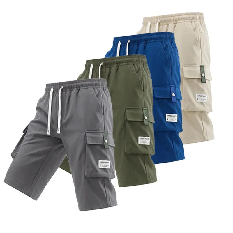Men's Regular Woven Non-Stretch Fabric Cargo Shorts 5-Pack - 7/8 Knee Length, Mid-Waist, Loose Baggy Style, Elastic Drawstring Waist, Large Pockets, Letter Patch Design, Summer Casual Athletic Bottoms