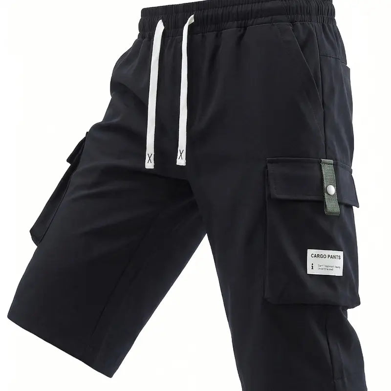 Men's Regular Woven Non-Stretch Fabric Cargo Shorts 5-Pack - 7/8 Knee Length, Mid-Waist, Loose Baggy Style, Elastic Drawstring Waist, Large Pockets, Letter Patch Design, Summer Casual Athletic Bottoms