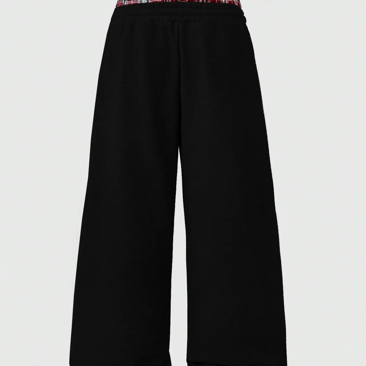 Men's Light Heather Gray Wide Leg Sweatpants, Double Layer Red Plaid Contrast Waistband, White Drawstring Closure, Side Seam Pockets Loose Y2K Streetwear Fashion Casual Trousers, Suitable For Daily Hip Hop Matching Casual Outdoor