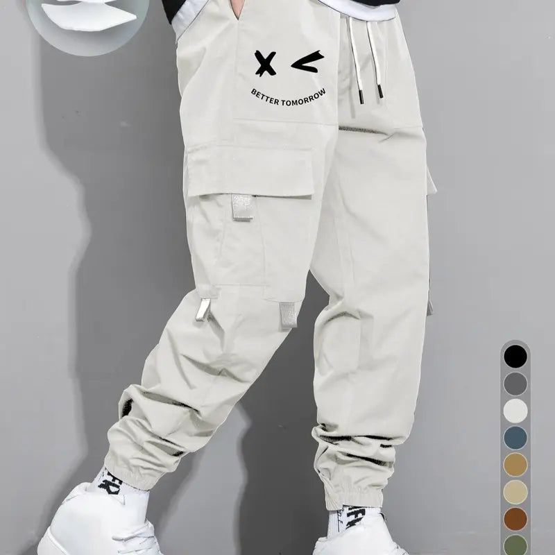 Men's Cartoon Face & Letter Print Drawstring Waist Cargo Pants, Casual Regular Fit Utility Jogger Bottoms, Men's Trousers for All Seasons, Pants for Men, Mens Pants, Pants for Men Menswear Grey