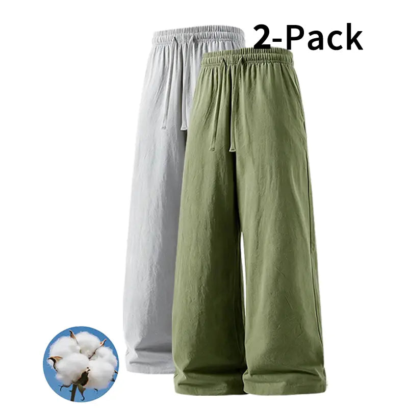 Men's 2-Pack Casual Linen-Cotton Blend Drawstring Pants, Baggy Fit, Lightweight, Anti-Wrinkle, Non-See-Through Menswear Trousers