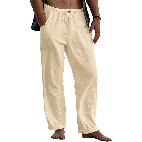 Runcati Men's Cotton Pants Yoga Beach Loose Summer Elastic Waist Drawstring Loose Pants with Pocket