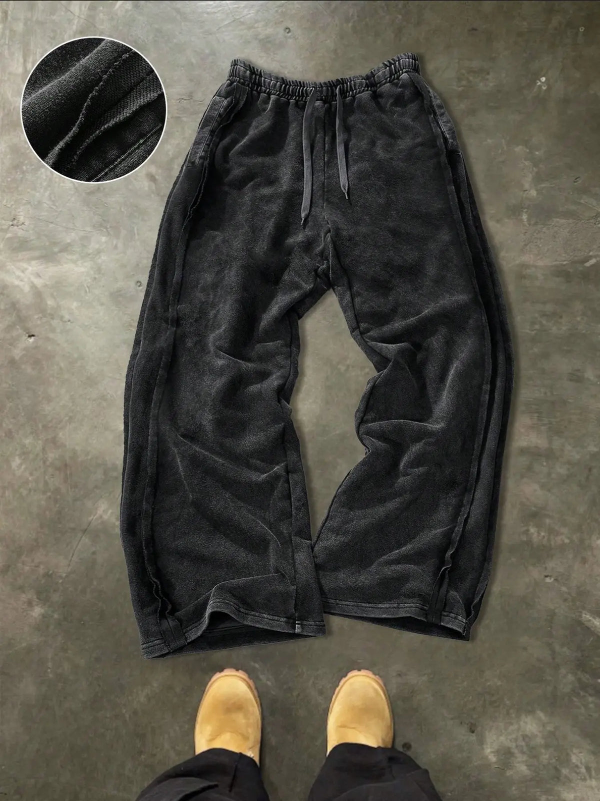 Men's Washed Vintage Hem Side Drawstring Oversized Baggy Wide Leg Sweatpants, American Retro Flowy Loose Fit Straight Leg Long Pants, Relaxed Pants, Trouser, Street Pants