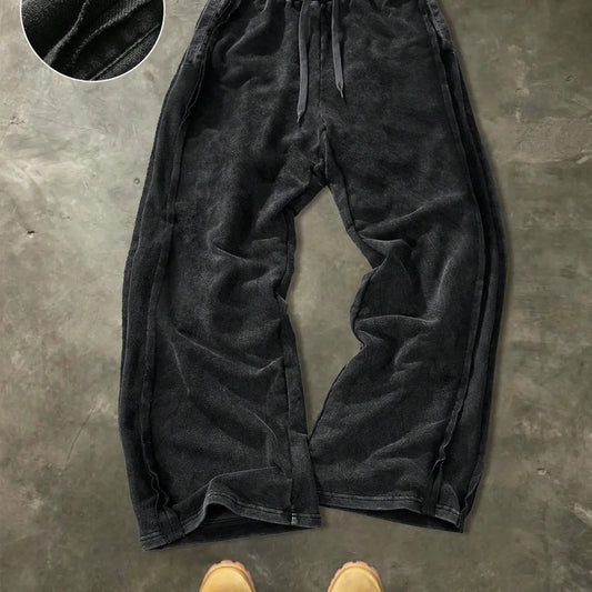 Men's Washed Vintage Hem Side Drawstring Oversized Baggy Wide Leg Sweatpants, American Retro Flowy Loose Fit Straight Leg Long Pants, Relaxed Pants, Trouser, Street Pants