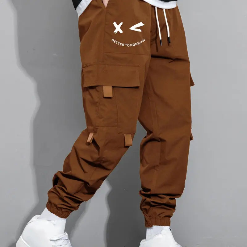 Men's Cartoon Face & Letter Print Drawstring Waist Cargo Pants, Casual Regular Fit Utility Jogger Bottoms, Men's Trousers for All Seasons, Pants for Men, Mens Pants, Pants for Men Menswear Grey