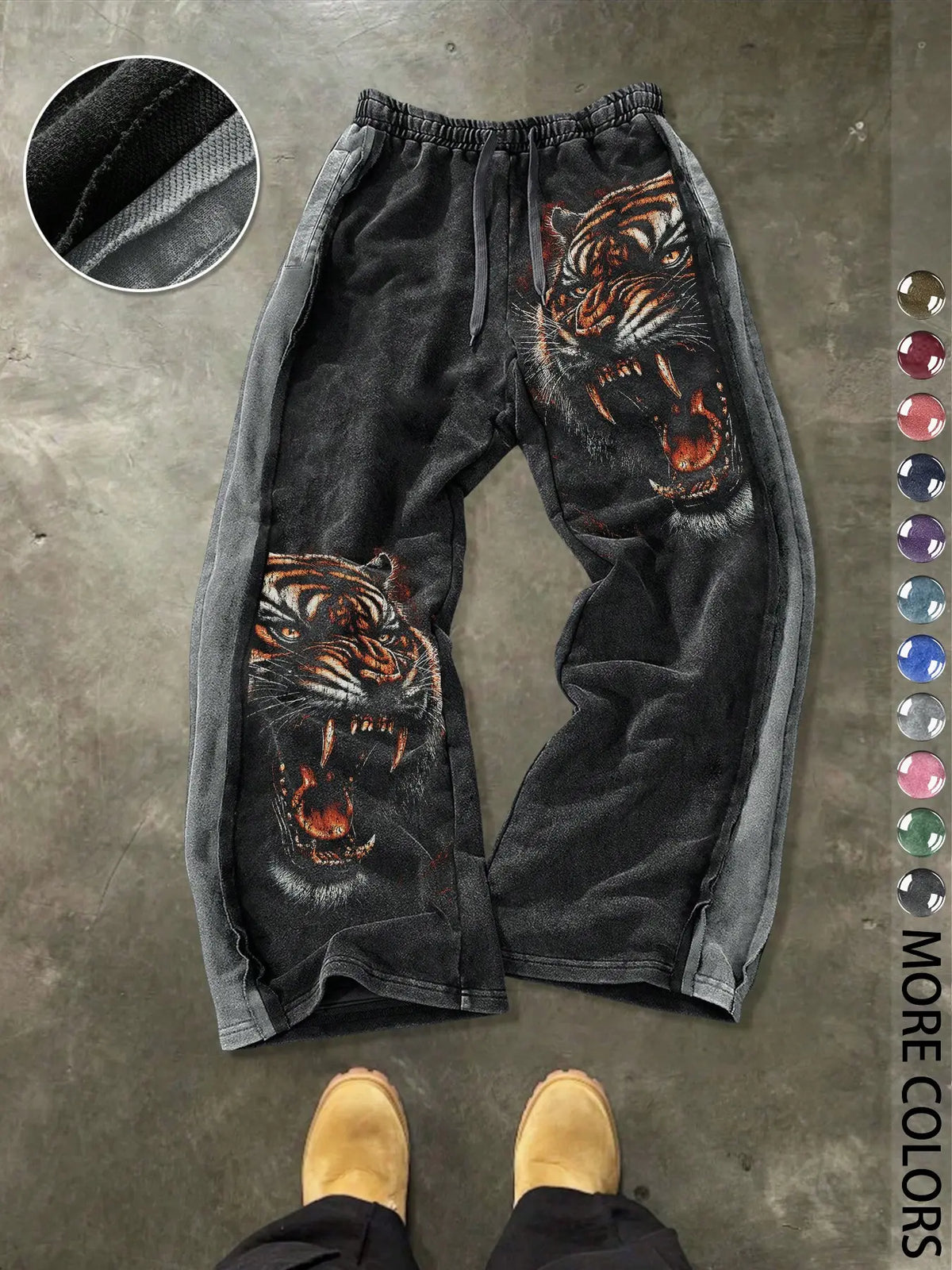 Men's Casual Loose Cotton Pants, Tiger Print, Street Style, Drawstring Waist, Ankle Length, All Seasons, Ideal for Outdoor & Gifts