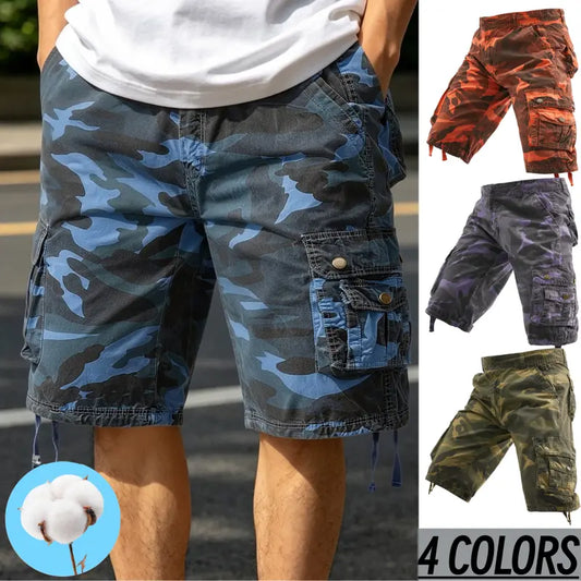 Men's Washed Cotton Camo Style Cargo Capri Shorts - Digital/Army Camo Print, Button-Flap Large Side Pockets, Casual Outdoor Work Hiking Knee-Length Cropped Buttons Shorts, 4 Colors Available, Digital Camouflage Print Men's Shorts
