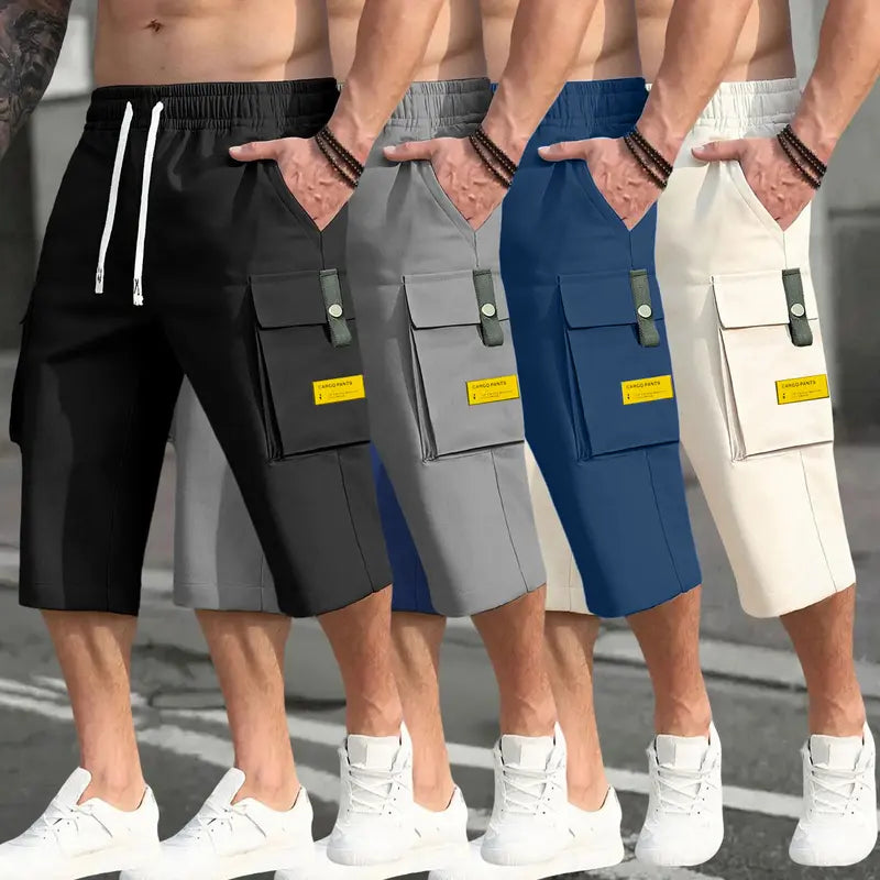 Men's 4-Piece Cargo Pants Set - Casual Comfy Trouser with Fitted Cut, Mid Waist, Drawstring Waist Adapts to Your Fit, Large Pockets for Daily Gear, Letter Patches, Stylish Summer Workwear (Black, Gray, Blue, Khaki)