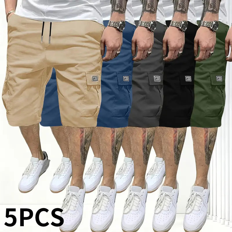 Men’s 5-Piece Extra Baggy Cargo Shorts Set - Men's Bottoms Activewear, Adjustable Drawstring Mid-Waist, Casual Chic Woven, Multi-Pocket, 4-Way Stretch, Cold Wash, Straight Cut, Summer Loose Jorts, Ideal for Camping, Father's Day Gifts, Extra Baggy Men's S