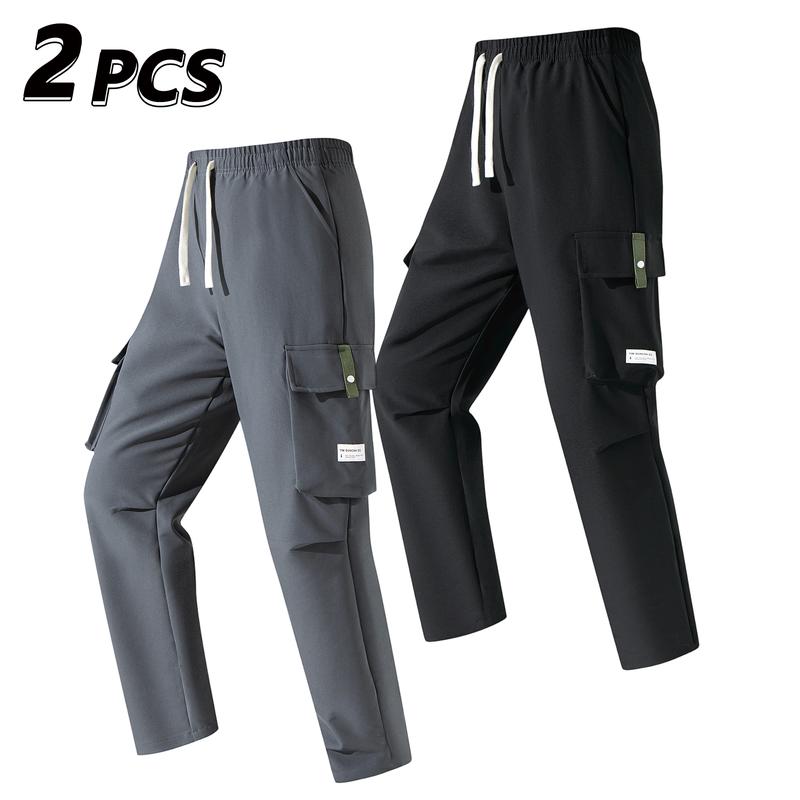 Men’s Cargo Pants - Menswear, Plain Basic Minimalist Polyester, Drawstring Elastic Waistband, Multiple Pockets, Versatile for Spring Autumn Everyday Casual Back-to-School Wear