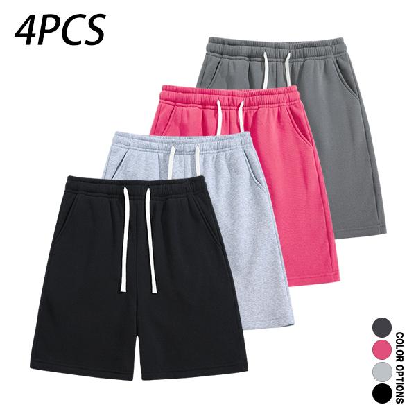 Pack of 4 men’s summer casual shorts featuring a drawstring elastic waistband, skin-friendly and breathable fabric, and a loose fit for everyday wear, leisure activities, sports, and fitness.summervibes