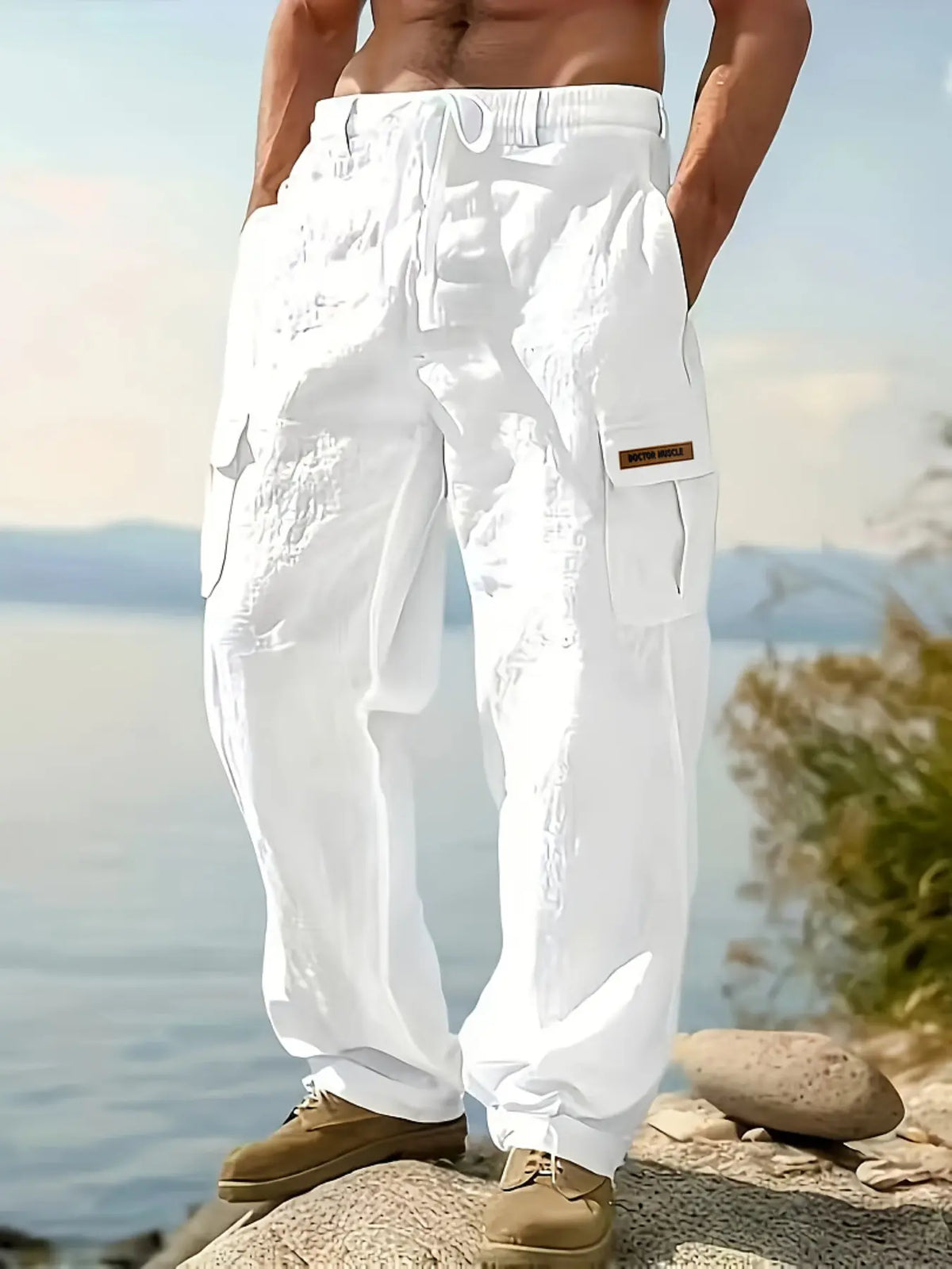 Men's Workwear Linen Pants Multi-Pocket Straight Leg, Breathable Bottom Plain Casual Pants for Spring & Fall, Outdoor Beach Wear