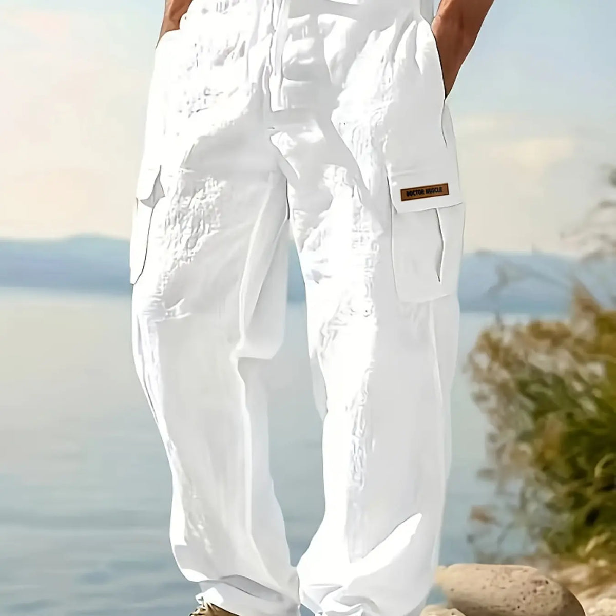 Men's Workwear Linen Pants Multi-Pocket Straight Leg, Breathable Bottom Plain Casual Pants for Spring & Fall, Outdoor Beach Wear