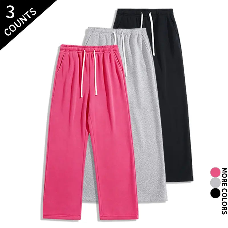 Men's 3-Pack Wide-Leg Athleisure Sweatpants - Soft Polyester Stretch Fabric, Drawstring Elastic Waist, Loose-Fit Full Length, Wide-Leg Street Fit for Daily Workout, Outdoors