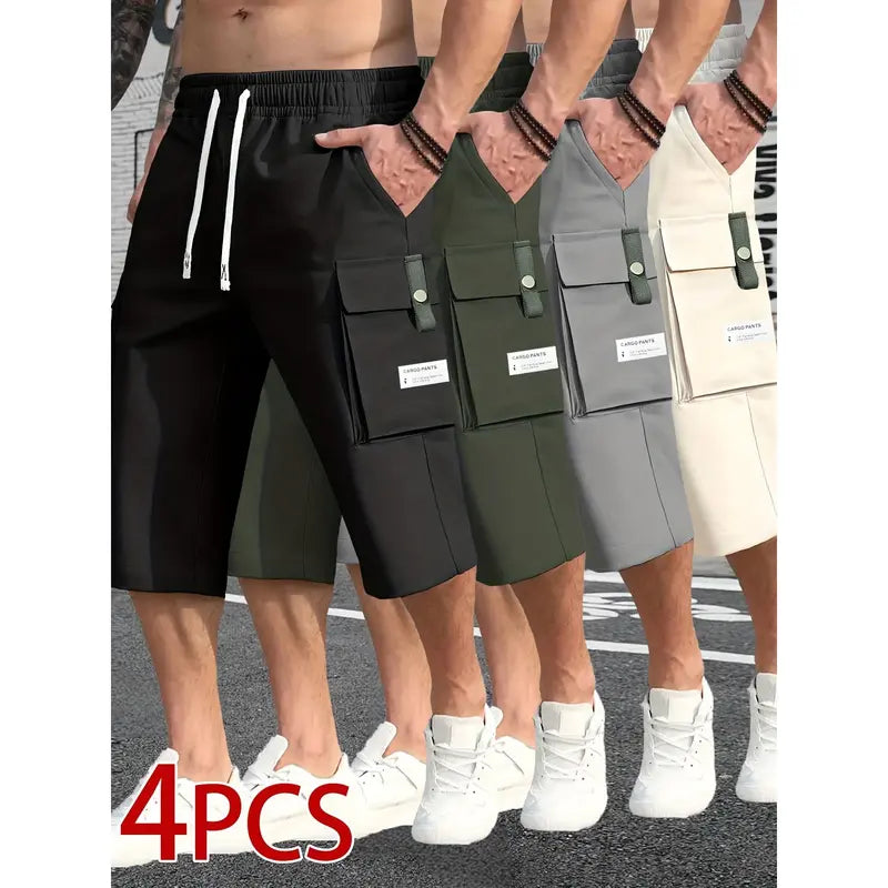 Men's 4-Pack Baggy Cargo Shorts - Menswear Oversized Loose-Fit Drawstring Shorts Set, Fashionable Street Style, Large Pockets, Ideal for Summer Outdoor Wear