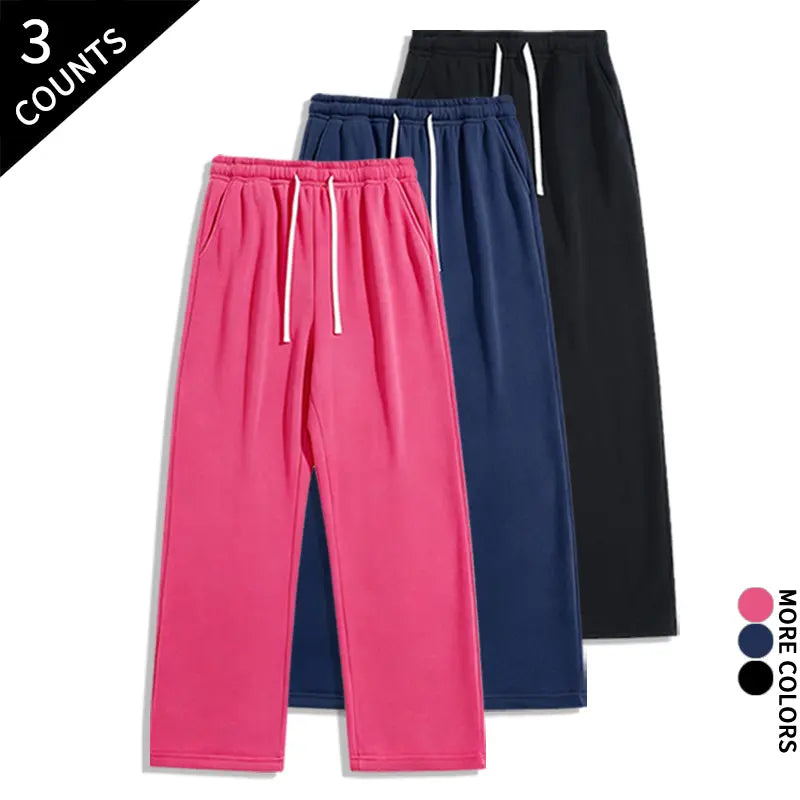 Men's 3-Pack Wide-Leg Athleisure Sweatpants - Soft Polyester Stretch Fabric, Drawstring Elastic Waist, Loose-Fit Full Length, Wide-Leg Street Fit for Daily Workout, Outdoors