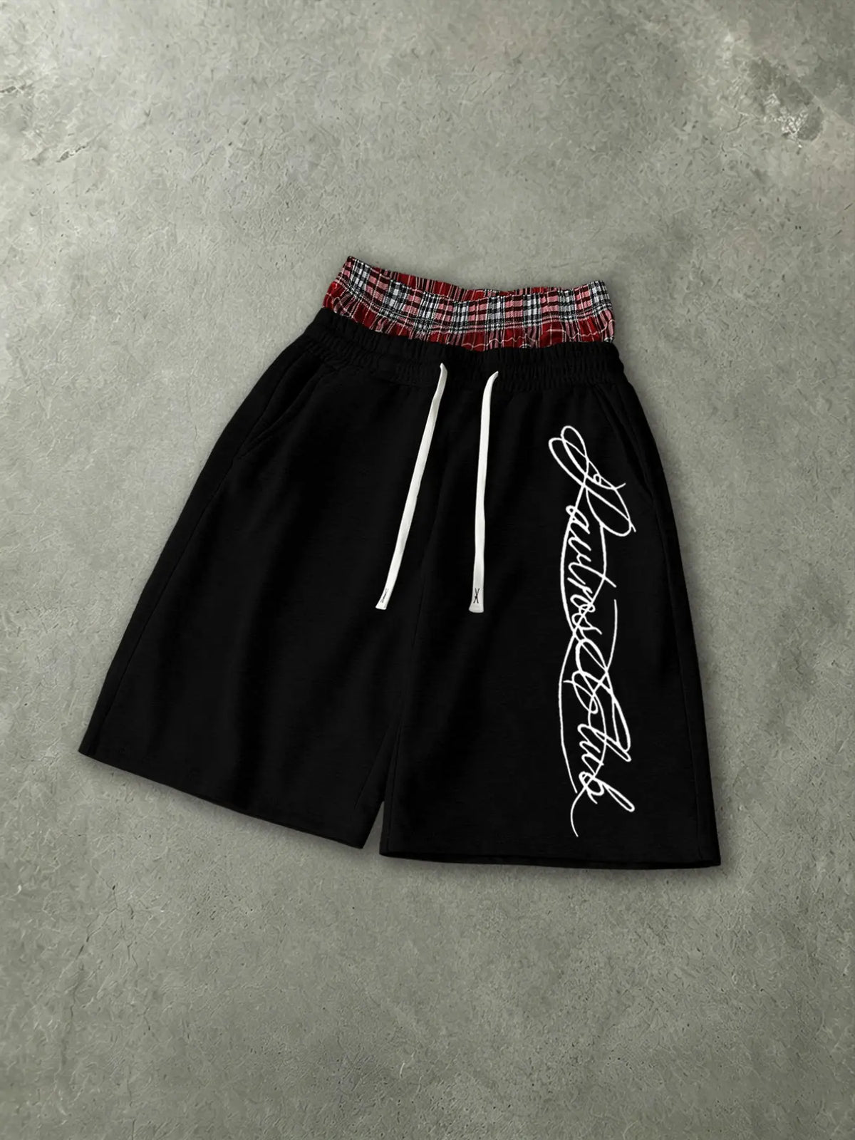 Men’s Oversized Baggy Knee Length Sweat Shorts Soft Breathable Terry Fabric Dual Layer Tartan Plaid Patchwork Waistband Elastic White Drawstring Casual Streetwear Shorts Elegant Cursive Script Signature White Letter Print Side Pocket Loose Summer Athletic