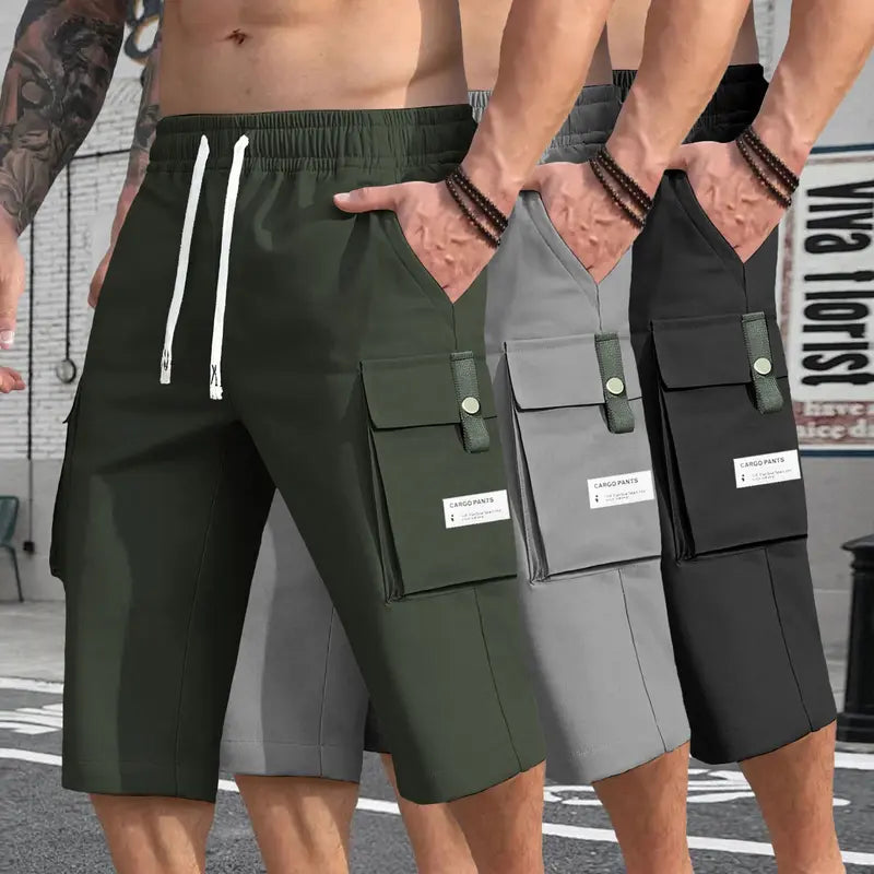 Men's Plain Street-Style 3-Piece Bermuda Drawstring Jorts Set (Black-Gray-Khaki), Relaxed Fit, Lightweight Fabric, Large Pockets, Athletic Menswear, Easy to Style, Ideal for Hot Weather & Outdoor Use, Drawstring Jorts Men's Shorts