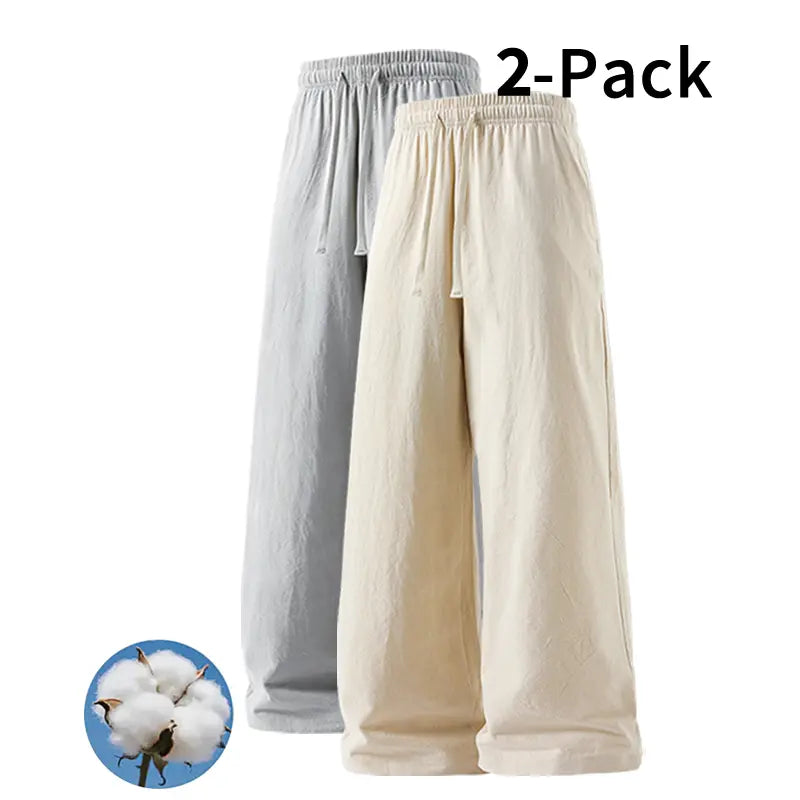Men's 2-Pack Casual Linen-Cotton Blend Drawstring Pants, Baggy Fit, Lightweight, Anti-Wrinkle, Non-See-Through Menswear Trousers