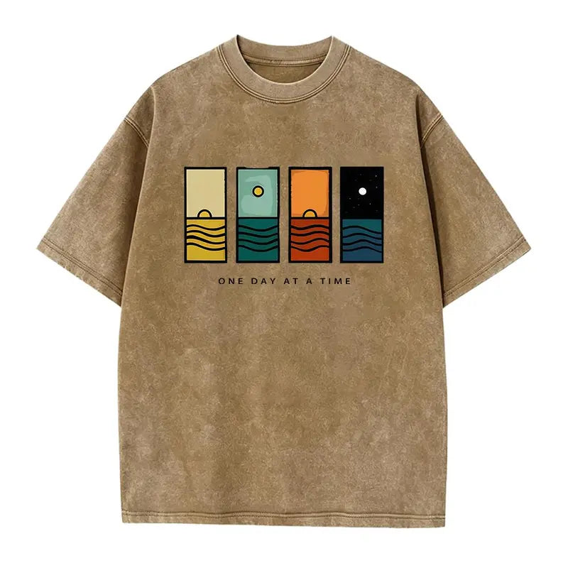 Acid Wash Vintage One Day At A Time Graphic T-Shirt, Minimal Retro Daily Casual Tee, Heavyweight Cotton Streetwear Unisex Crewneck Tshirt