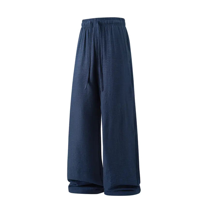 Men’s Retro Summer Lightweight Plain Pants - 100% Polyester, Loose Fit, Drawstring Tie, Breathable, Stylish, Minimalist Design, Belt-Ready for Indoor Gatherings, Outdoor Activities