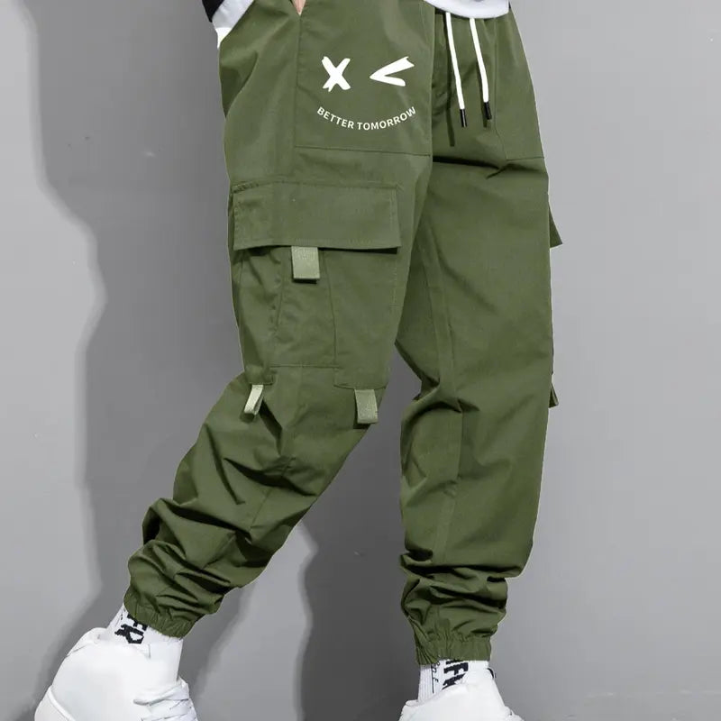 Men's Cartoon Face & Letter Print Drawstring Waist Cargo Pants, Casual Regular Fit Utility Jogger Bottoms, Men's Trousers for All Seasons, Pants for Men, Mens Pants, Pants for Men Menswear Grey