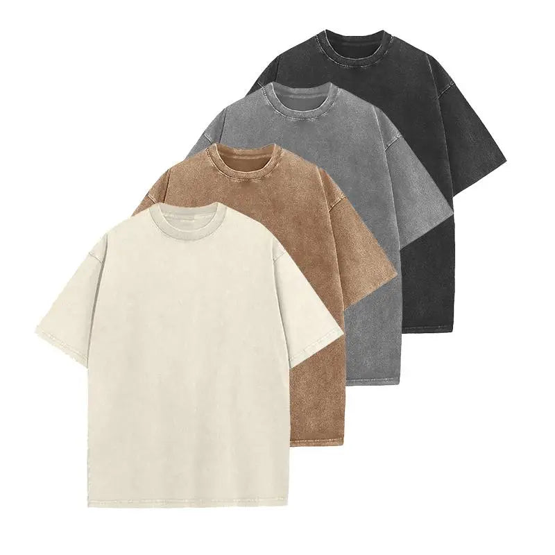 Men's 4-Pack Baggy Oversized Heavyweight Acid Wash Cotton Short-Sleeve Classic Crew Neck Tees - Loose-Fit, Breathable Cotton Keeps Workouts Cool, Built for Gym Street Lounge, Easy-Care Tops (Black, Coffee, Grey)