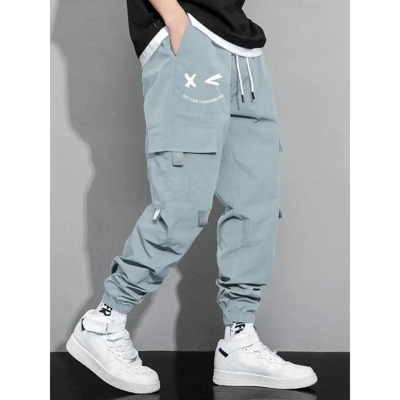 Men's Cartoon Face & Letter Print Drawstring Waist Cargo Pants, Casual Regular Fit Utility Jogger Bottoms, Men's Trousers for All Seasons, Pants for Men, Mens Pants, Pants for Men Menswear Grey