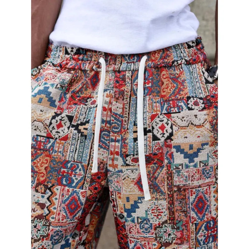 Men's Tribal Geometric Print Vibrant Casual Shorts - Lightweight Streetwear, Above the Knee Athleisure Bottoms with Drawstring & Zippered Pocket, Artful Ethnic Detailing, Bohemian Tapestry Design for Sneakers