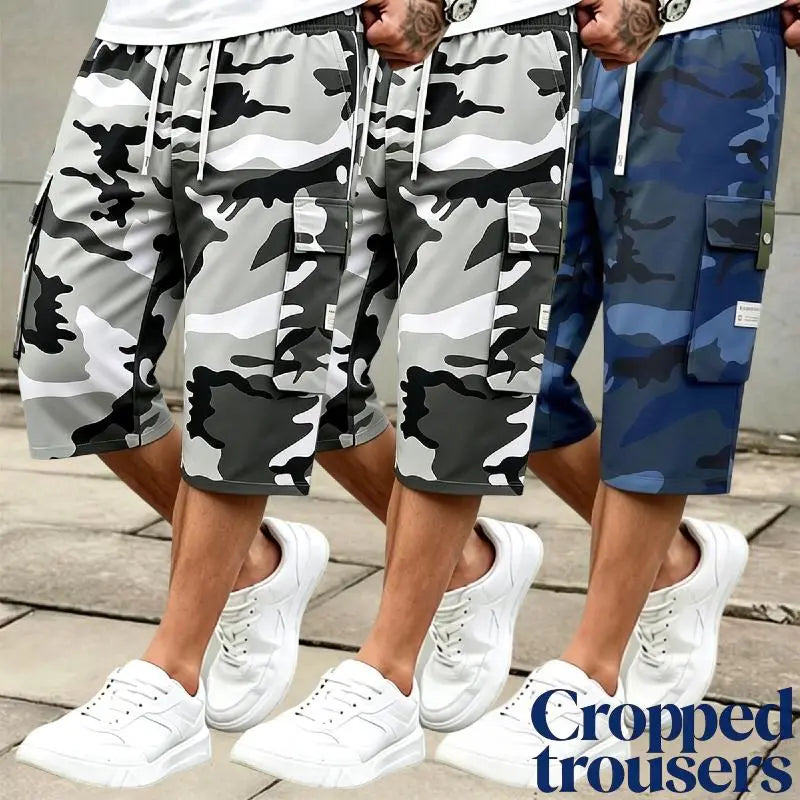 Men's 3-piece Camo Cargo seven-quarter trousers Capriers – Multi-Pocket Design, Drawstring Waistband, Casual Streetwear Shorts, Perfect for Everyday Wear & Urban Styling SpringStatements