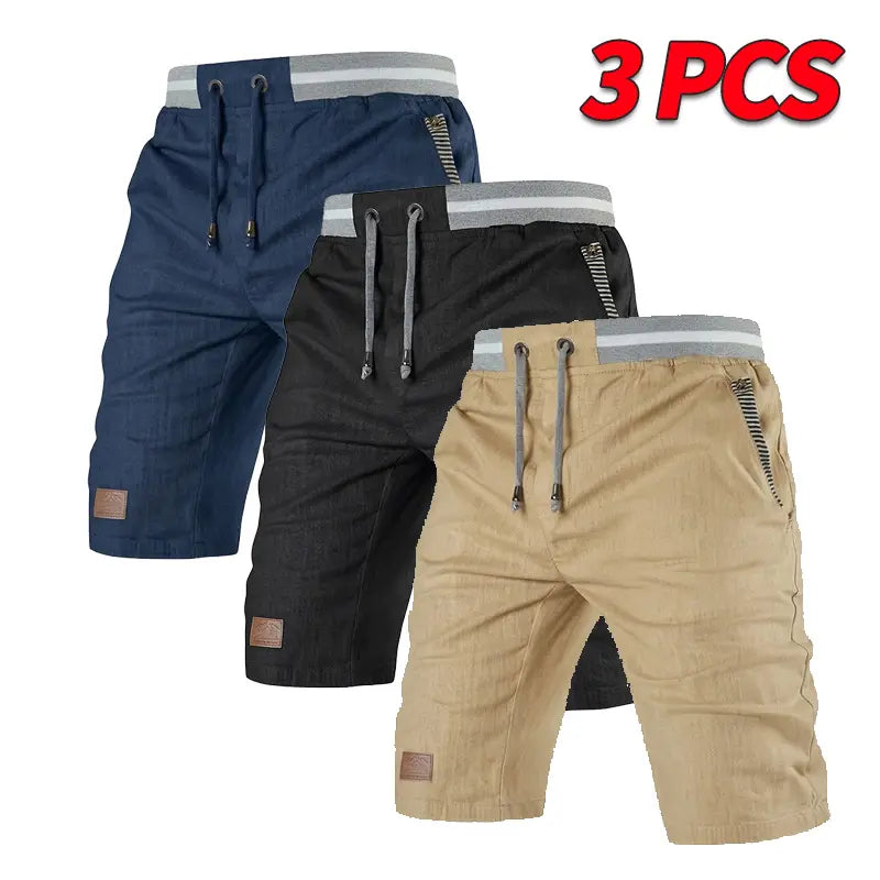 Men’s Classic Relaxed High Waist Quick-Dry Bermuda Shorts 3-Pack - Soft, Breathable, Wear-Resistant Fabric, Adjustable Elastic Waistband with Drawstring, Striped Pockets, Leather Patch, Contrast Binding, Fashion Menswear Basics for Outdoors, Commuting