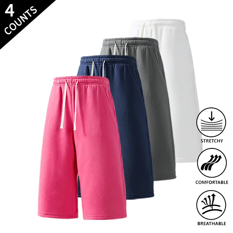 Men's Plain Stretchy Polyester Mid-Calf Cropped Trousers 4-Pack - Activewear Bottoms, Move with Ease, Outdoor Ready for Casual Use - Light Gray, Black, Rose Red, Navy Blue