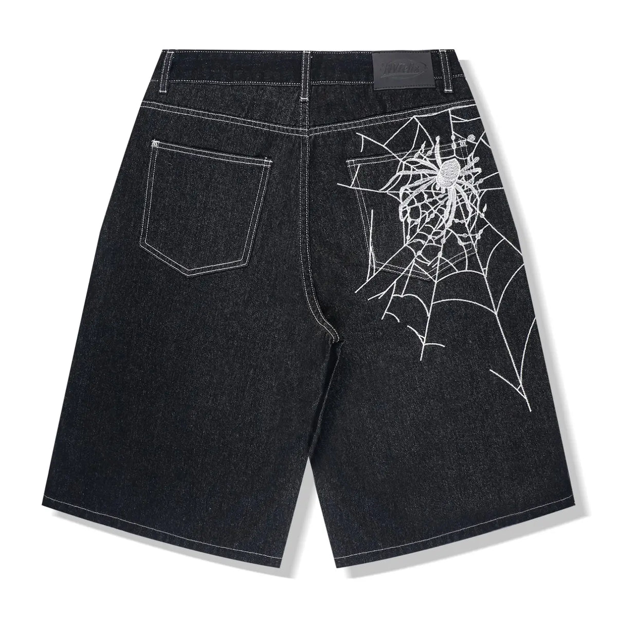 Men's American High Street Spider Embroidery Wide-Leg Denim Shorts, Straight-Leg Capri Pants, Casual Streetwear Shorts