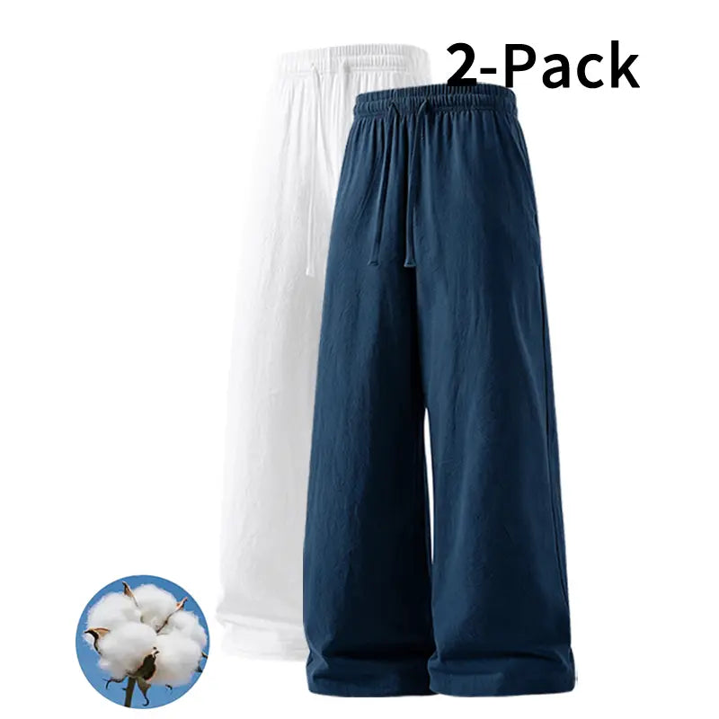 Men's 2-Pack Casual Linen-Cotton Blend Drawstring Pants, Baggy Fit, Lightweight, Anti-Wrinkle, Non-See-Through Menswear Trousers